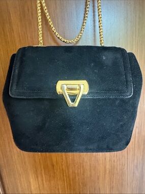 Black Suede Shoulder Bag with Gold Chain and Turn-Lock